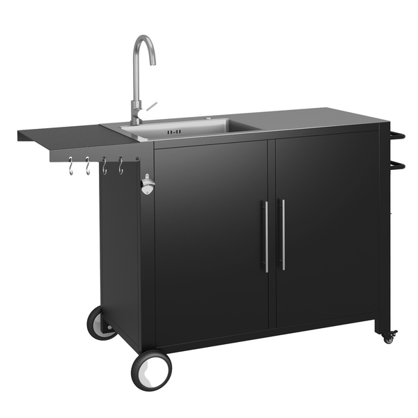 AECOJOY Outdoor Grill Cart with Stainless Steel Sink and Drainage,Metal Grill Cart with Foldable Side Table, Outdoor Kitchen Island with Wheels,Black