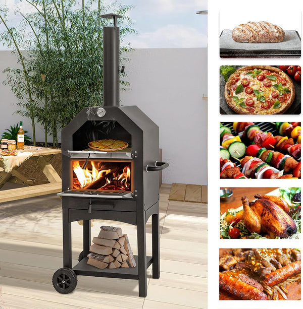 YODOLLA Outdoor Pizza Oven with Waterproof Cover Portable Wood Fired Pizza Oven with Side Handles &Two Wheels Grill Rack for Backyard