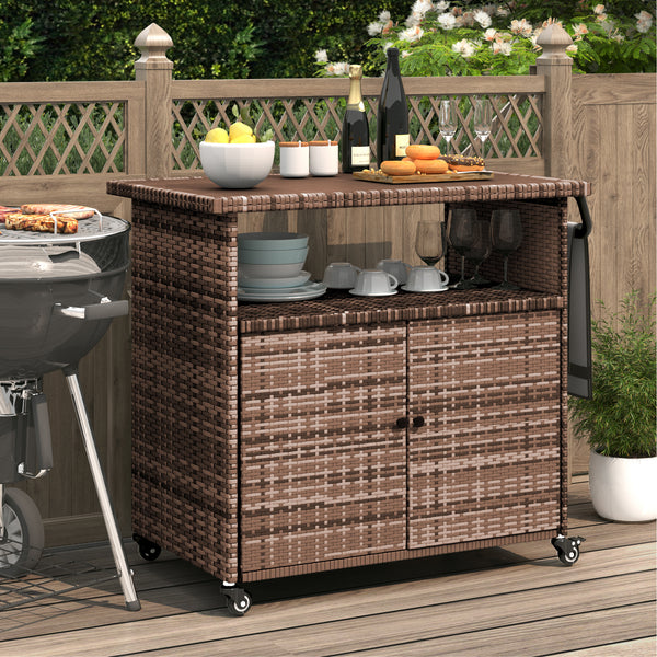 YODOLLA Outdoor Wicker Bar Table with Wheels & Shelf Patio Serving Table Outdoor Storage Cabinet, Brown