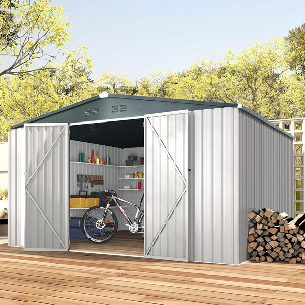 YODOLLA 10 x 12 ft. Outdoor Metal Storage Shed with Sliding Roof & Lockable Door,White