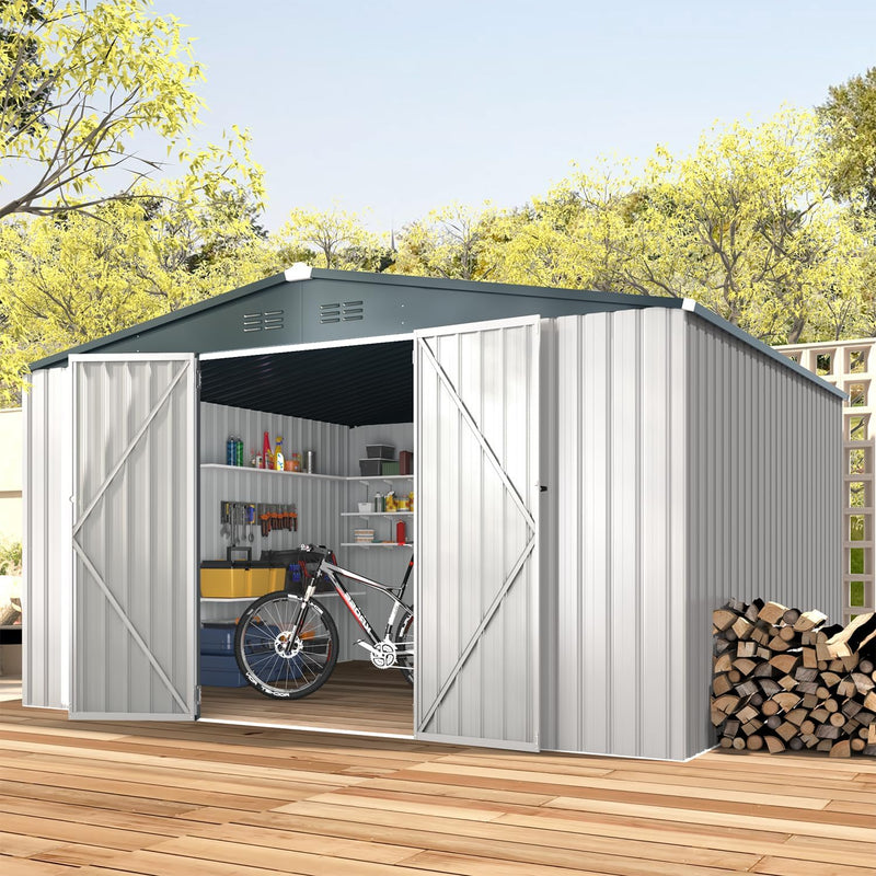 YODOLLA 10 x 12 ft. Outdoor Metal Storage Shed with Sliding Roof & Lockable Door,White