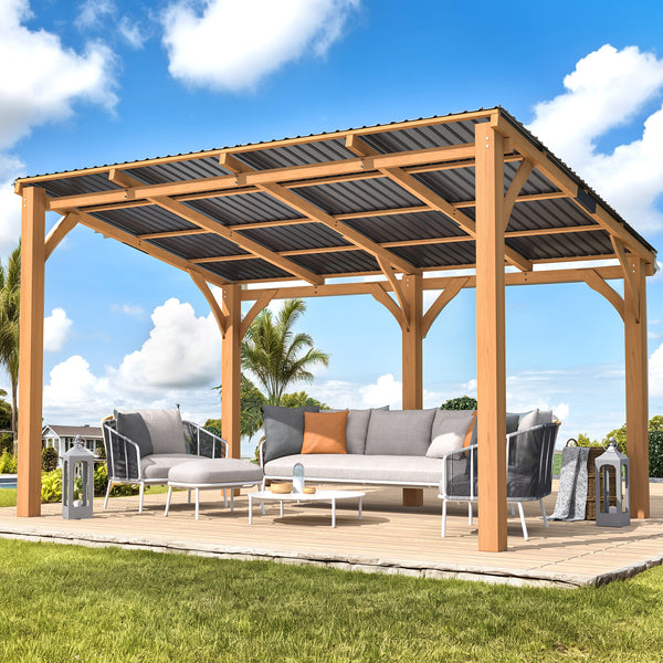 AECOJOY 10' x 14' Hardtop Gazebo Outdoor Wooden Pergola for Garden, Patio, Backyard-Brown