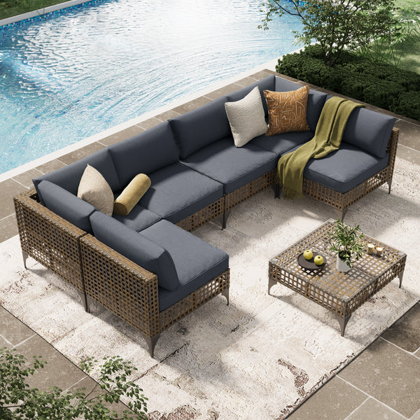 YODOLLA 7-Piece Patio Furniture Set with Tea Table, Rattan Wicker Outdoor Sectional Furniture Sofa Conversation Set, Dark Brown Rattan&Dark Grey Cushions