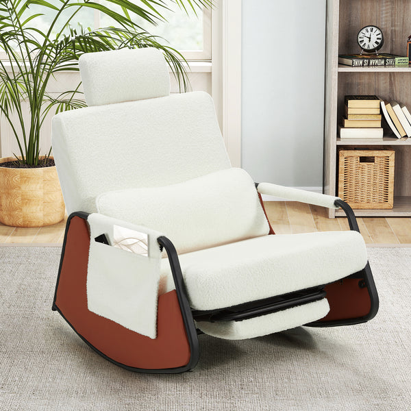 YODOLLA Rocking Accent Chair with Pull-out Footrest , Glider Recliner 3-Position Adjustable Backrest with Side Pocket , White