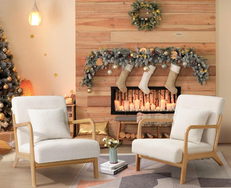 YODOLLA Sherpa Fleece Accent Chair Mid-Century Modern Upholstered Arm Chair Set of 2 for Living Room in Beige