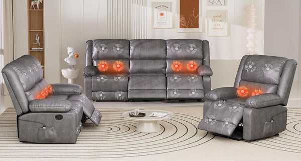YODOLLA 3 Pieces Recliner Sofa Set with Massage Heated Function, Home Theater Seating Leather Couch Set with Side Pockets, Gray