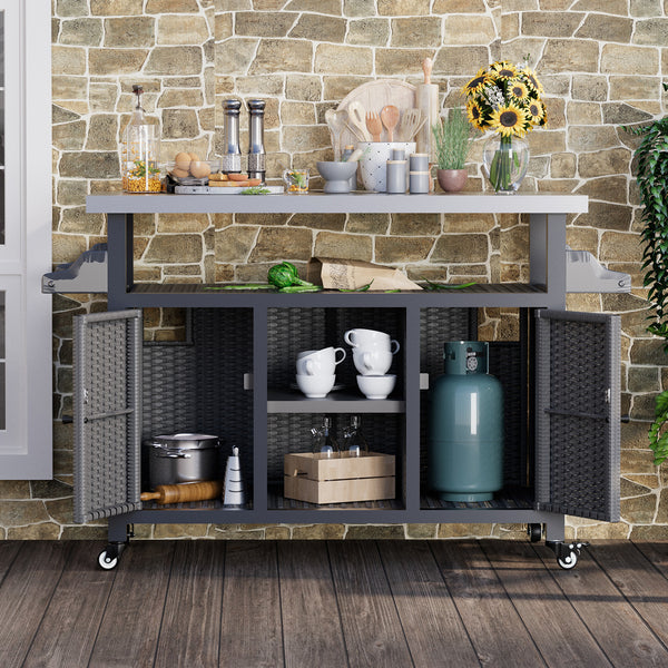 AECOJOY Outdoor Prep Table Grill Cart with Rolling Wheels, 43.3''x21.7''x34.3'' Outdoor Bar Cart with Rattan Storage Cabinet, Gray