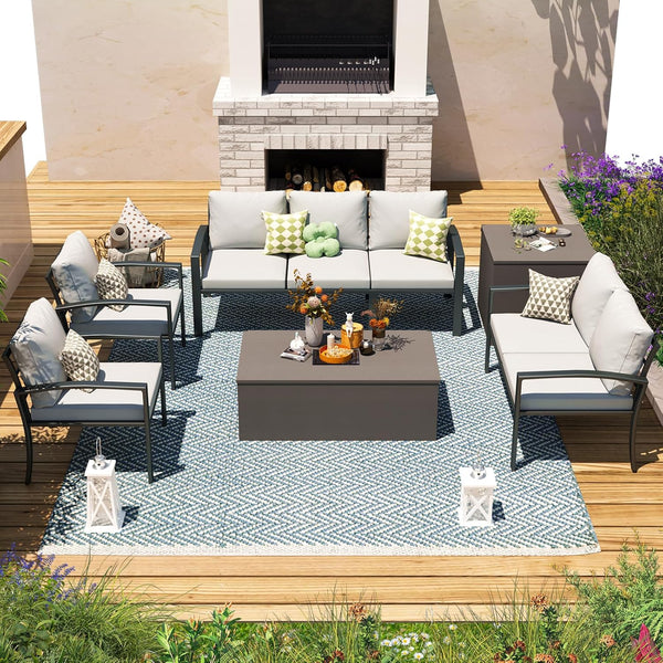 AECOJOY Patio Furniture sets Outdoor Metal Furniture sets with Two Storage Boxes on Sale Patio Conversation Set With Light Grey Cushions