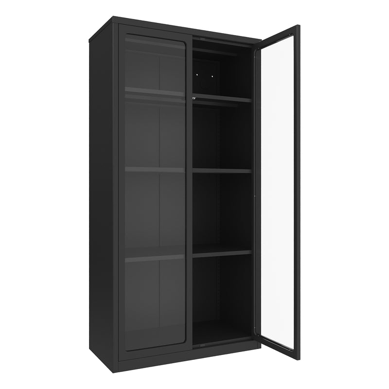 YODOLLA Display Cabinet with Acrylic Glass Doors Storage Cabinets with Adjustable Shelves Pantry Storage Cabinet Metal Curio Cabinet for Living Room Office and Kitchen, Black