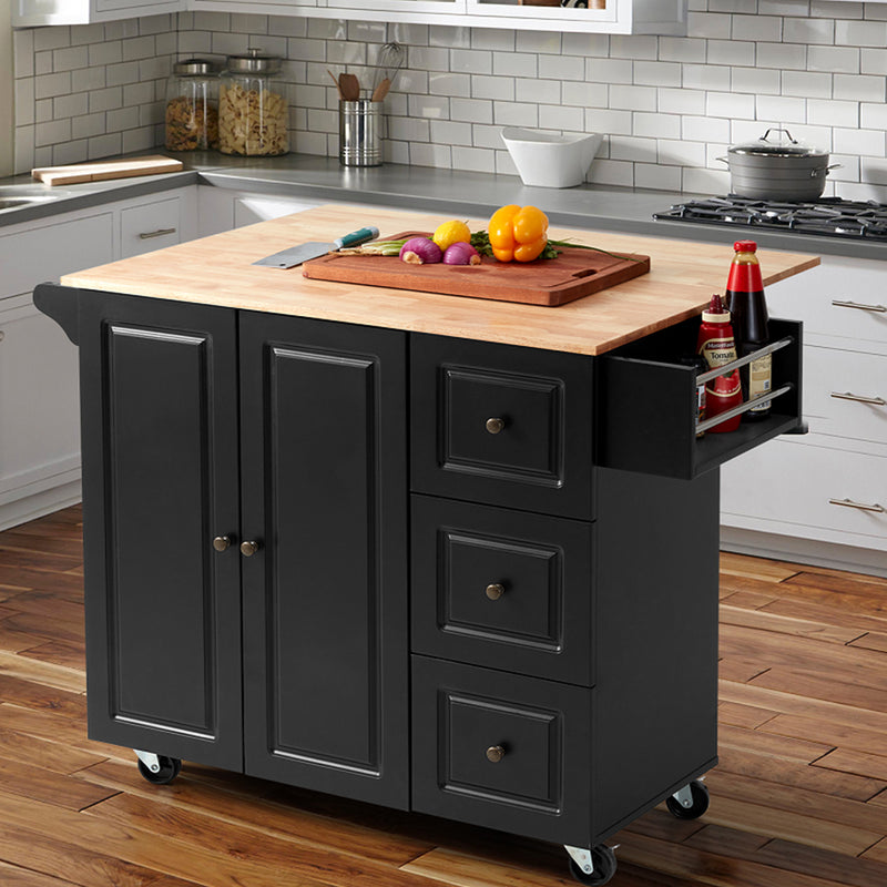AVAWING Rolling Kitchen Island Cart with Storage,Wood Tabletop Kitchen Cart w/ 2 Wheels, Trolley Cart Utility Cabinet, Towel Rack, Spice Rack, Black