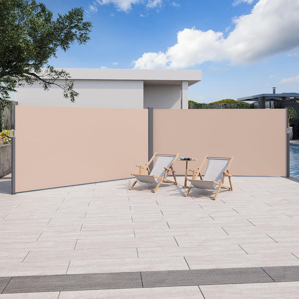 YODOLLA Double Retractable Side Awning, 236" x 63"Double Side Awning, Waterproof Folding Outdoor Privacy Screen, 280g Premium Polyester Fabric Room Divider for Patio, Garden and Terrace, Beige