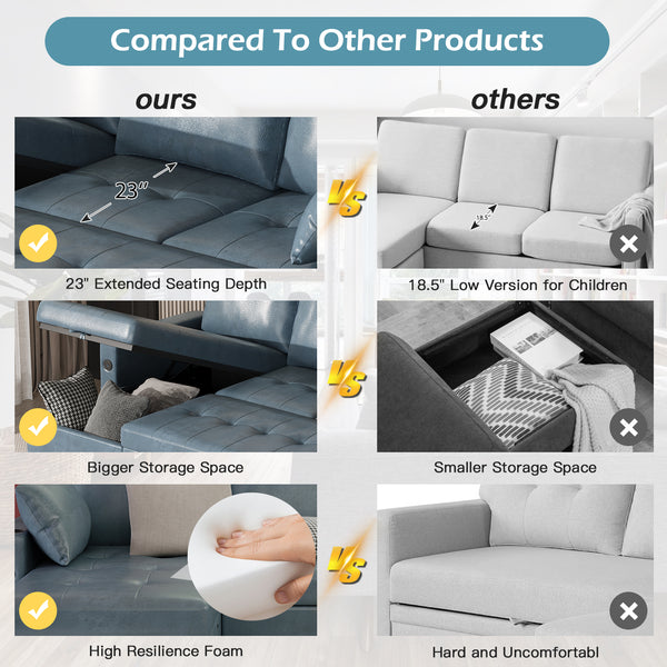 YODOLLA Sofa Bed, 3 in 1 Sleeper Sofa with Storage Chair, Faux Leather L Shape Couch, Sectional Pull Out Sofa Bed Mid Century Modern Couch for Living Room Clearance, Comfy Sleeper Couch in Blue