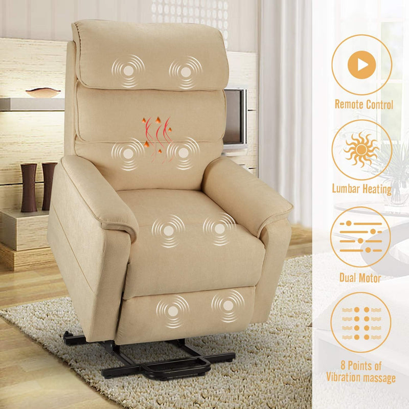 AECOJOY Dual Motor Power Lift Recliner Chair for Elderly with Massage and Heat, Electric Lounge Chair Lift Assist Single Sofa in Beige