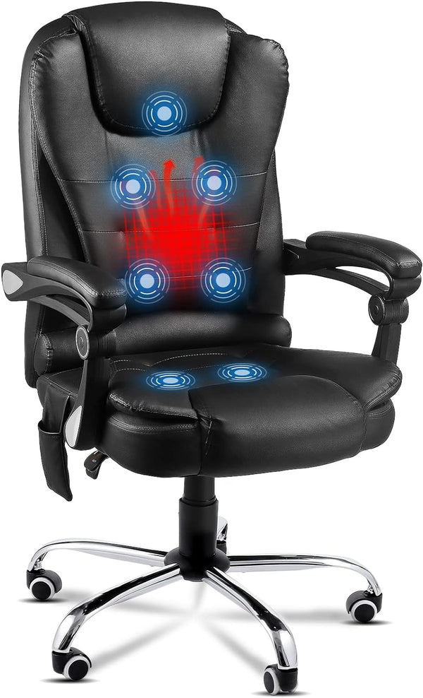 AECOJOY Ergonomic Reclining Office Chair, Heat & Massage High Back Desk Chair w/Adjustable Height, Executive Swivel Leather Chair for Office, Home, Study, Black