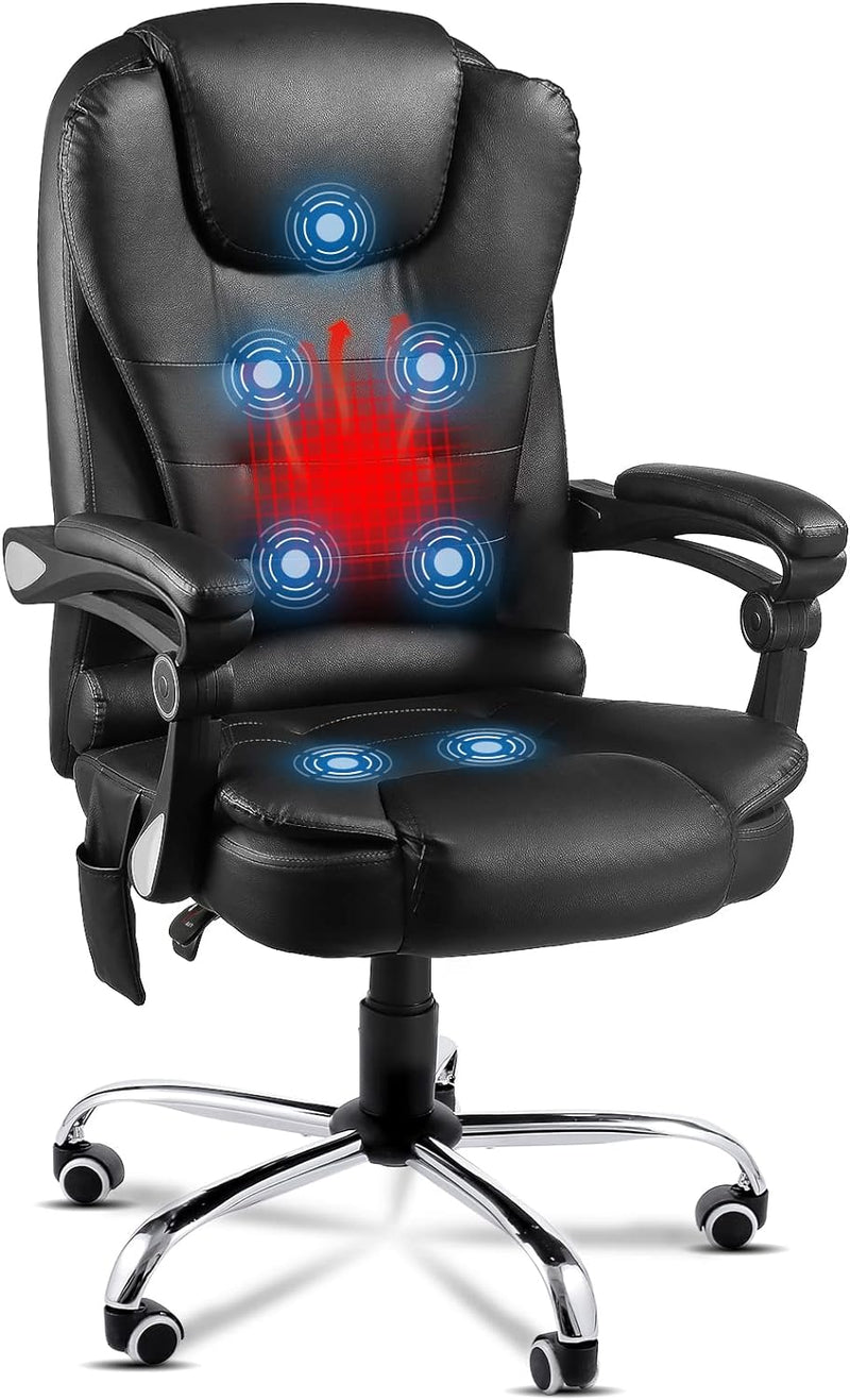 AECOJOY Ergonomic Reclining Office Chair, Heat & Massage High Back Desk Chair w/Adjustable Height, Executive Swivel Leather Chair for Office, Home, Study, Black