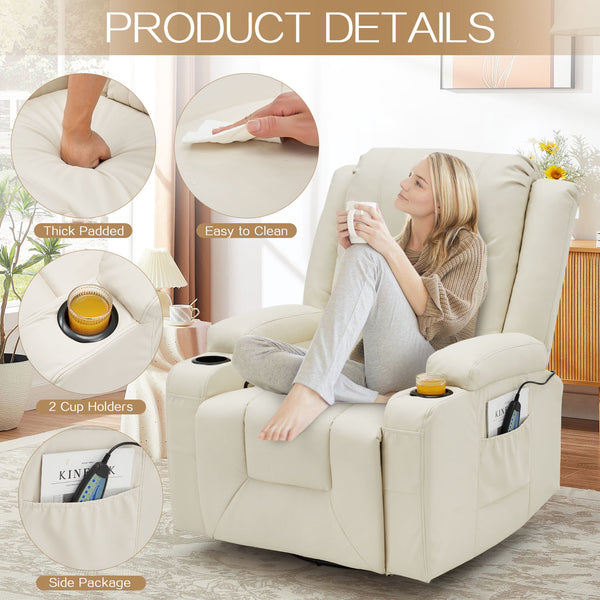 AECOJOY Massage Manual Recliner Chair with Heat and Vibration Massage, PU Leather Swivel Rocker Recliner Chair for Adults with 2 Cup Holders, Remote Control-Cream White