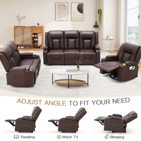 AECOJOY 3 Pieces Leather Recliner Sofa Set with Swivel Massage Chair, Modern Manual Control Couch Set Overstuffed Reclining Sofa Home Theater Seat RV Sofa Set w/Side Pockets&Cup Holders, Brown