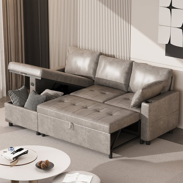YODOLLA Sofa Bed, 3 in 1 Sleeper Sofa with Storage Chair, Faux Leather L Shape Couch, Sectional Pull Out Sofa Bed Mid Century Modern Couch for Living Room Clearance, Comfy Sleeper Couch in Grey