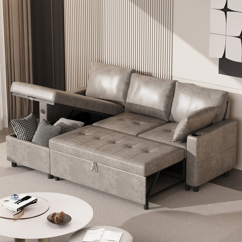 YODOLLA Sofa Bed, 3 in 1 Sleeper Sofa with Storage Chair, Faux Leather L Shape Couch, Sectional Pull Out Sofa Bed Mid Century Modern Couch for Living Room Clearance, Comfy Sleeper Couch in Grey