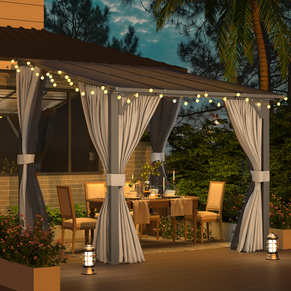 AECOJOY 8' x 8' Lean to Gazebo with Netting and Curtain Outdoor Hardtop Gazebo Aluminum Metal Pergola For Garden, Patio, Backyard-Dark Gray