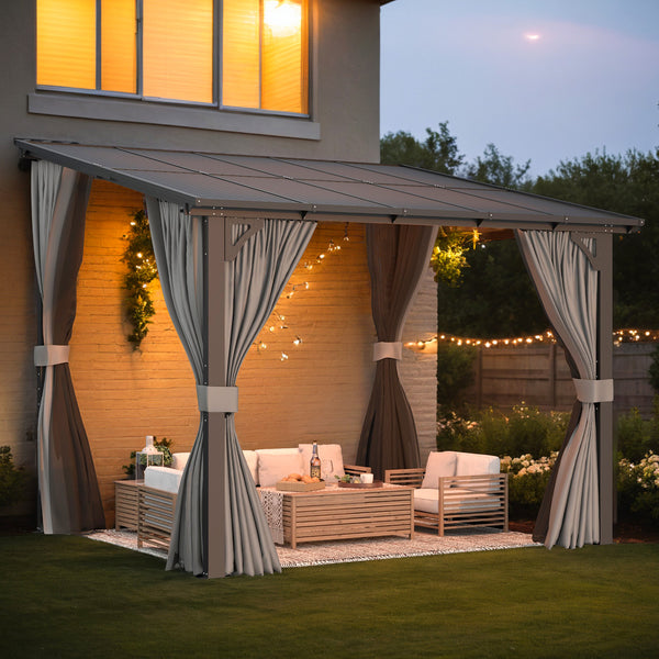 AECOJOY 10' x 8' Lean to Gazebo with Netting and Curtain Outdoor Hardtop Gazebo Aluminum Metal Pergola For Garden, Patio, Backyard-Dark Gray