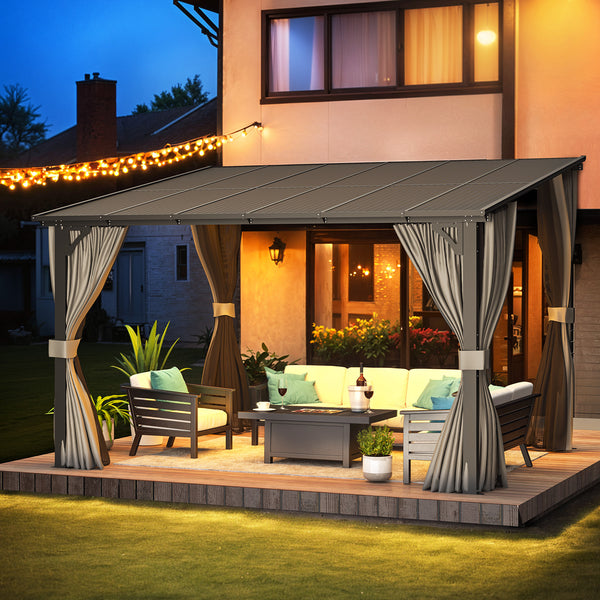 AECOJOY 12' x 10' Lean to Gazebo with Netting and Curtain Outdoor Hardtop Gazebo Aluminum Metal Pergola For Garden, Patio, Backyard-Dark Gray
