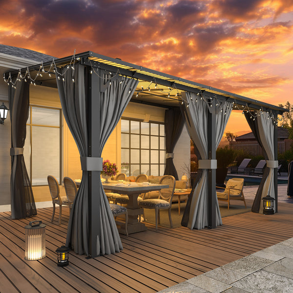 AECOJOY 14' x 10' Lean to Gazebo with Netting and Curtain Outdoor Hardtop Gazebo Aluminum Metal Pergola For Garden, Patio, Backyard-Dark Gray