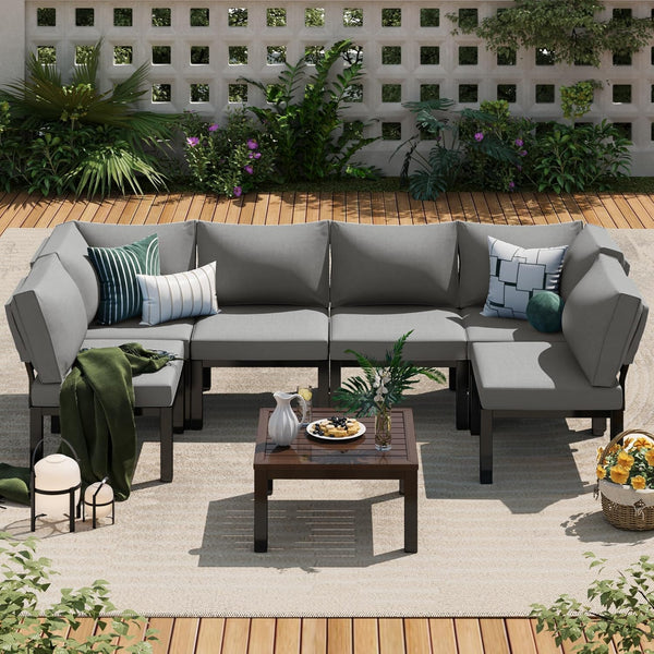 YODOLLA 7 piece Outdoor Patio furniture Set Clearance Metal Patio Sectional Sofa Set on sale with Grey Cushions and 43" Fire Pit Table