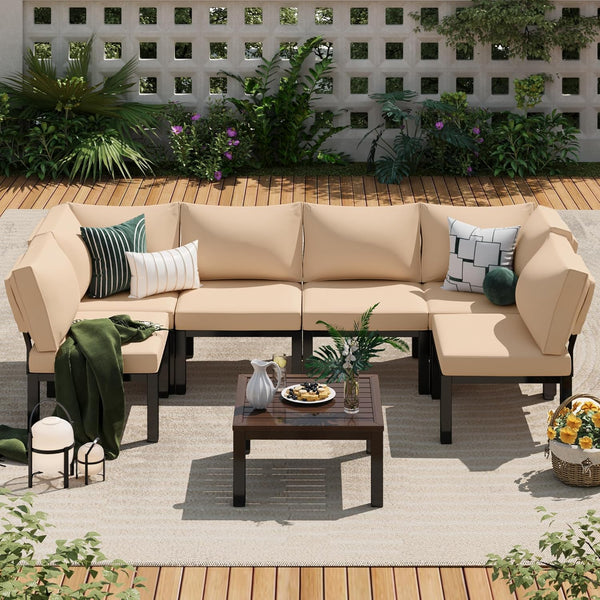 YODOLLA 7 Pieces Outdoor Metal Furniture Sets Patio Conversation Set with Coffee Table and 30" Fire Pit Table, Beige