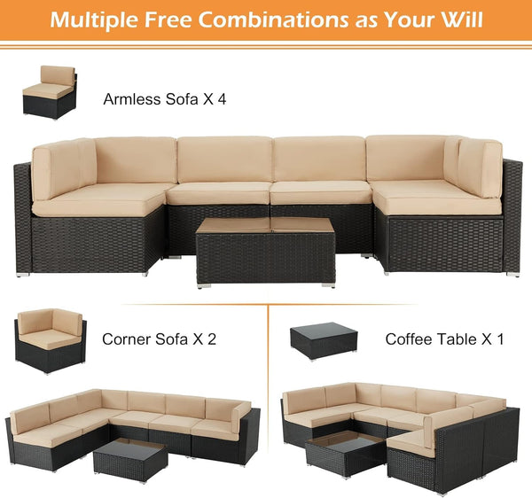 YODOLLA 7-Piece Patio Furniture Set with 30" Fire Pit Table, Rattan Wicker Outdoor Sectional Sofa Couch with Table Patio Conversation Set for Lawn& Backyard In Black&Beige