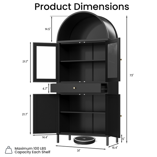 YODOLLA 73" Arched Cabinet Metal Storage Display Cabinet with One Drawer, Pantry Cabinet, Black