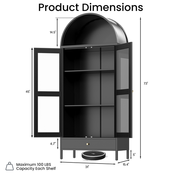 YODOLLA 73" Arched Cabinet Metal Storage Display Cabinet, Pantry Cabinet, Black