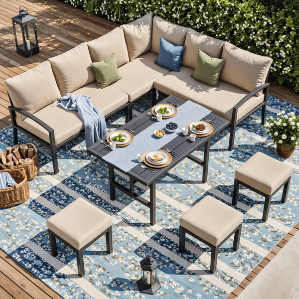 YODOLLA 7 Pieces Metal Patio Furniture Sets Outdoor Conversation Set with Dining Table and Chair, Beige