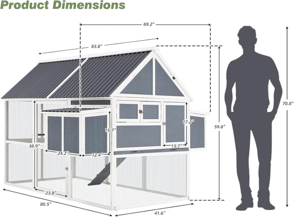 AECOJOY 84” Outdoor Chicken Coops for 10 Chickens Large Wooden Hen Chicken House, Walk in Chicken House with Run