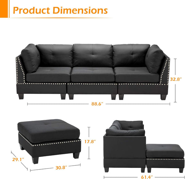 YODOLLA 88.6" Sectional Sofa with Ottoman, L Shape Tufted Living Room Couch with Chaise - Black