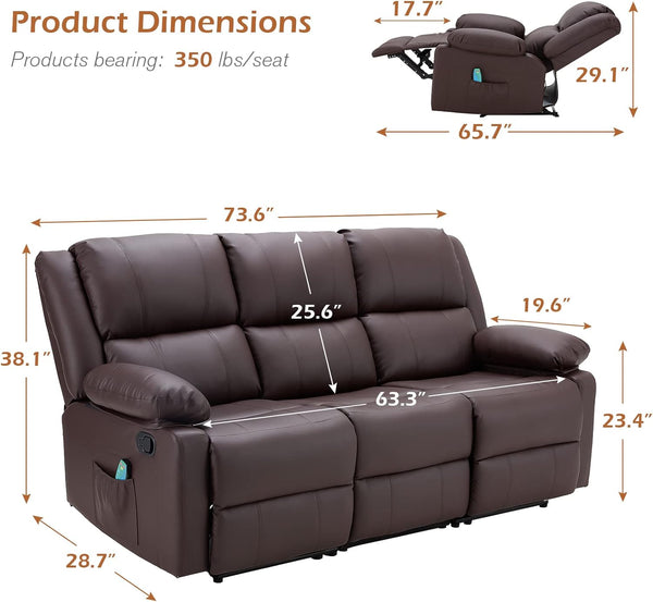 YODOLLA 3 Pieces Recliner Sofa Set with Massage Heated Function, Home Theater Seating Leather Couch Set with Side Pockets, Brown