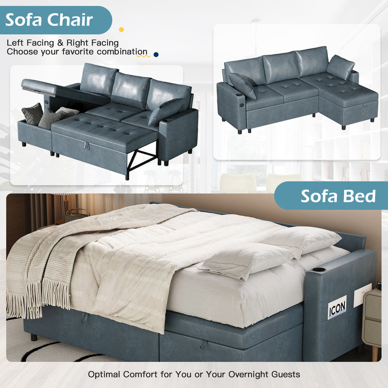 YODOLLA Sofa Bed, 3 in 1 Sleeper Sofa with Storage Chair, Faux Leather L Shape Couch, Sectional Pull Out Sofa Bed Mid Century Modern Couch for Living Room Clearance, Comfy Sleeper Couch in Blue