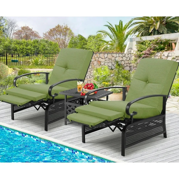 AECOJOY Adjustable Patio Reclining Lounge Chair Set of 2 with Table-Green