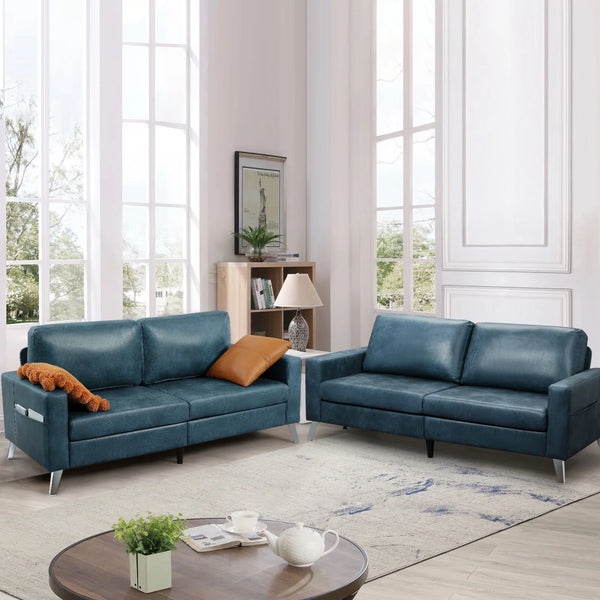 AECOJOY 79" Faux Leather Sofa 3 Seater Couch Loveseat Living Room Furniture in Blue