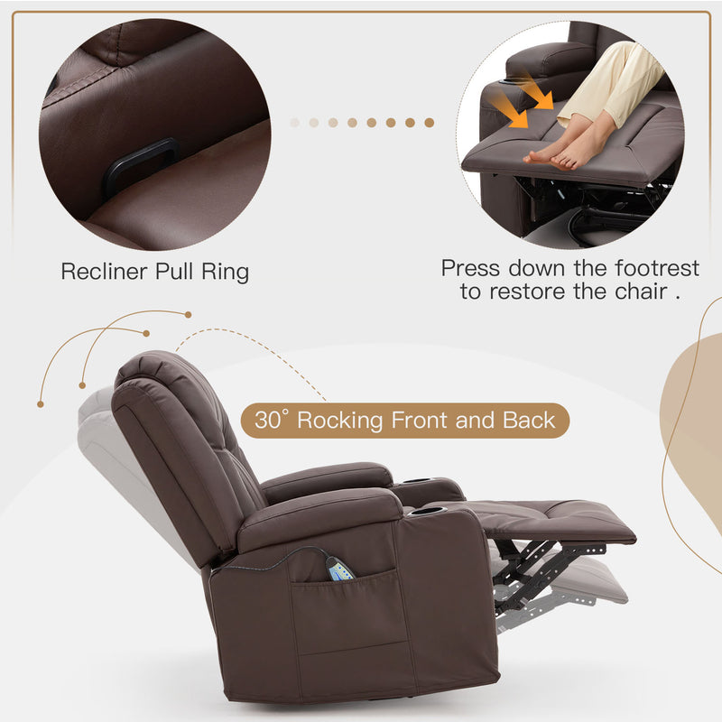 AECOJOY Massage Manual Recliner Chair with Heat and Vibration Massage, PU Leather Swivel Rocker Recliner Chair for Adults with 2 Cup Holders, Remote Control-Brown