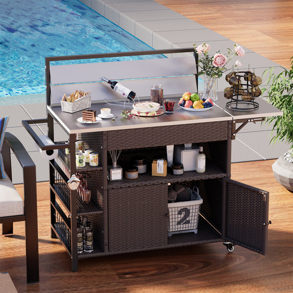 YODOLLA Outdoor Bar Cart with Rattan Storage Cabinet, Outdoor Prep Table Grill Cart with Rolling Wheels, Dark Brown