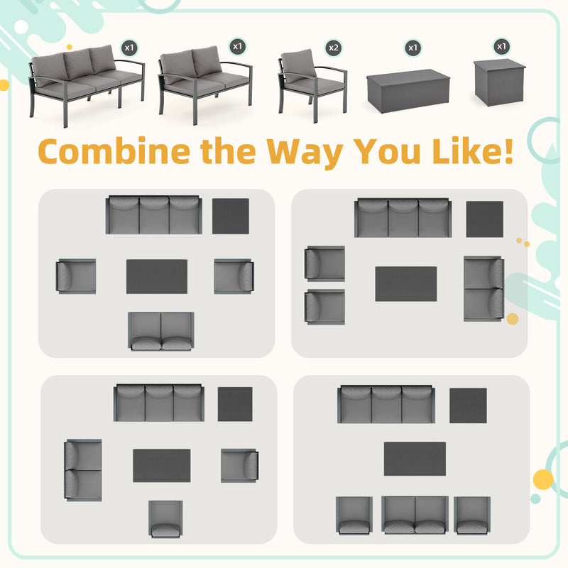 AECOJOY Metal Patio Furniture Set with Cover Outdoor Furniture sets With Storage Boxes on Sale with Grey Cushion for Balcony Porch, Lawn and More