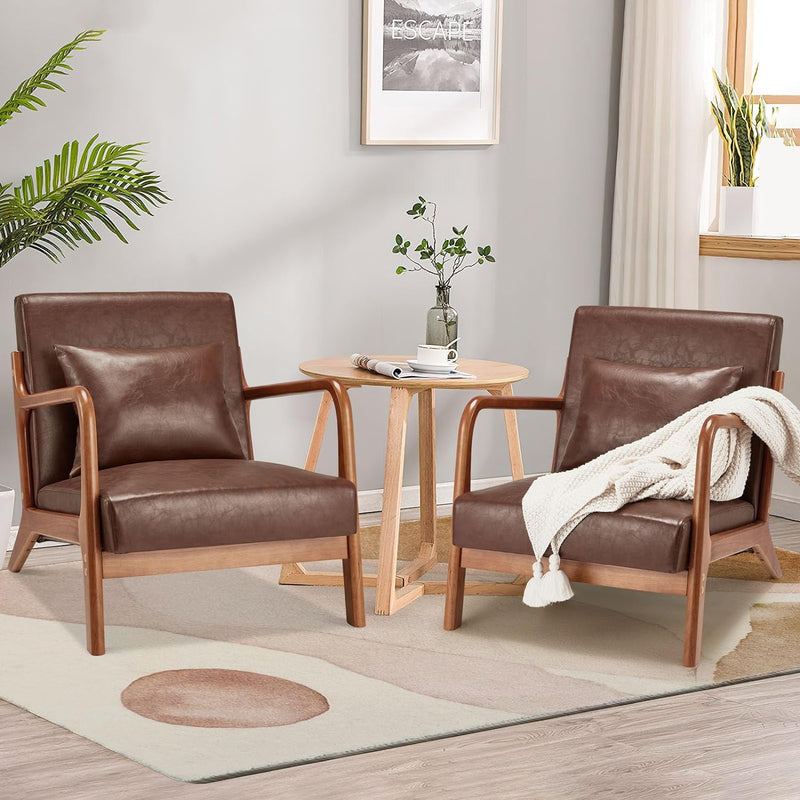Aecojoy Accent Chair for Living Room Mid Century Modern Faux Leather Arm Chair Set of 2 in Brown for Bedroom
