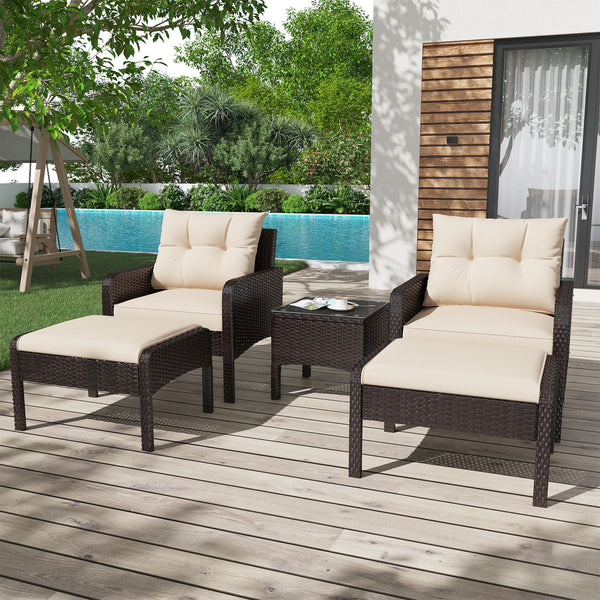 YODOLLA 5 Pieces Patio Furniture Set Outdoor Chair and Ottoman Set with Cushions & Side Table, Brown PE Wicker Rattan Lawn Pool Balcony Backyard Conversation Lounge Set, White & Tan Cushion