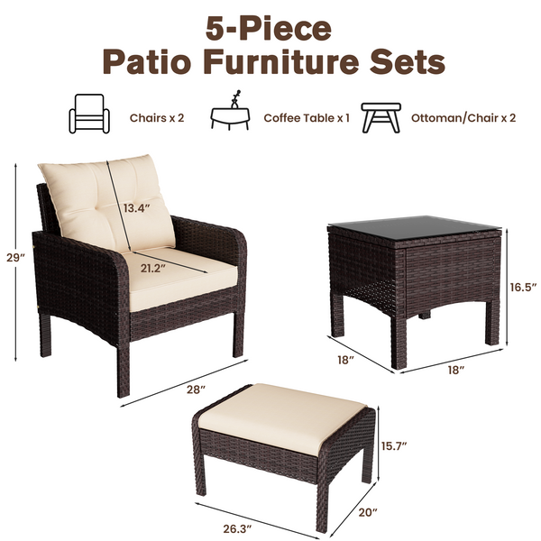 YODOLLA 5 Pieces Patio Furniture Set Outdoor Chair and Ottoman Set with Cushions & Side Table, Brown PE Wicker Rattan Lawn Pool Balcony Backyard Conversation Lounge Set, White & Tan Cushion