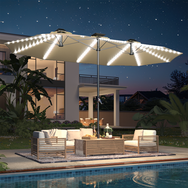 YODOLLA 15ft Patio Umbrella with Solar Lights, Outdoor Large Double Umbrella with 156 PCS LED Lights and Crank Handle for Backyard Deck Pool Shade,Tan