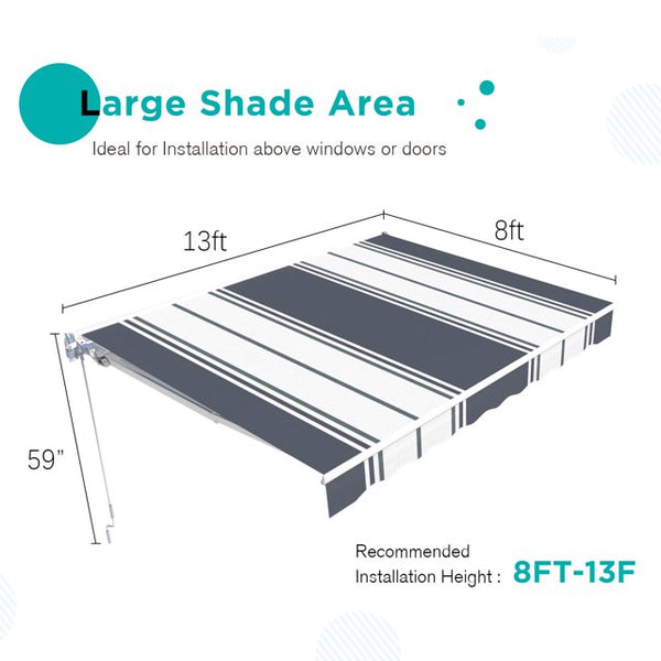 AECOJOY 13' x 8' Manual Retractable Patio Awning,Outdoor Awning Retractable Sunshade Shelter-Grey Stripes