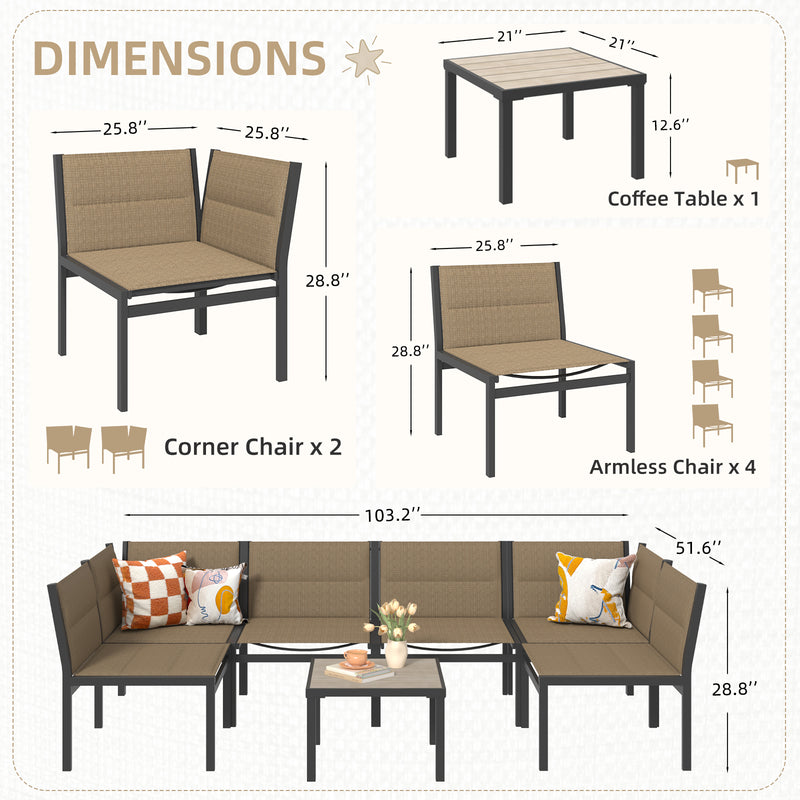 AECOJOY Outdoor Furniture Sets, 7 Pieces Cotton-Filled Textilene Fabric Outdoor Coffee Table and Chairs for Garden, Brown