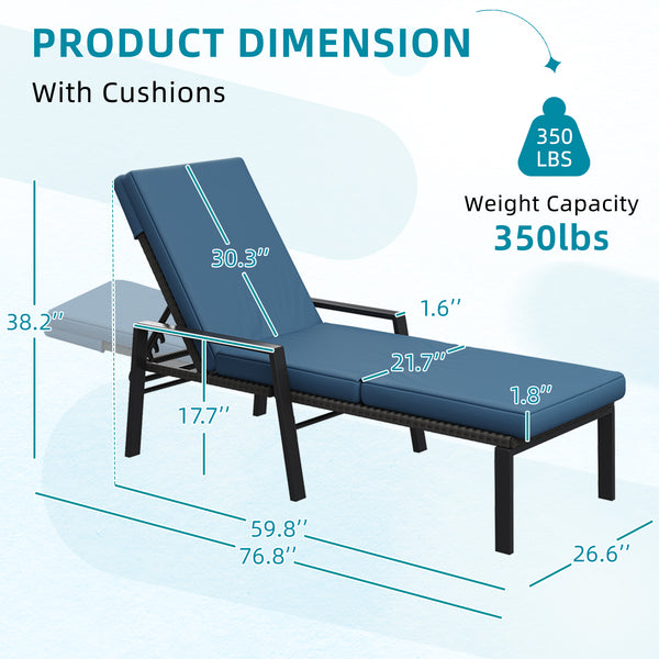 YODOLLA Outdoor Chaise Lounge Chairs Set with Adjustable for Comfortable Relaxation, Sturdy Rattan Loungers for Patio Poolside in Navy Blue（2 Pcs）