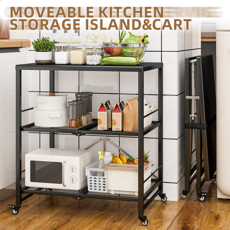 AECOJOY Foldable Outdoor Grill Cart Rolling Dining Table with Three-Shelf,Garden Patio BBQ Kitchen Food Prep Cart,Black